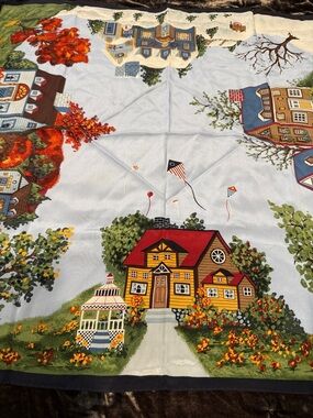 Talbots Light Blue Silk Scarf with Navy, Red, Yellow and Green Cottage Scene